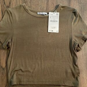 BRAND NEW Zara crop top. Deep Olive green color. Soft knit tee.
